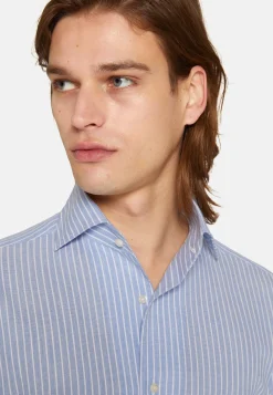 Blue Striped Regular Fit Shirt In Cotton Dobby|Boggi Milano Flash Sale