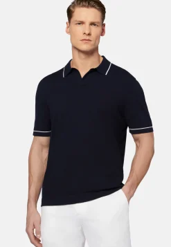 Navy Cotton Crepe Knit Polo Shirt|Boggi Milano Hot