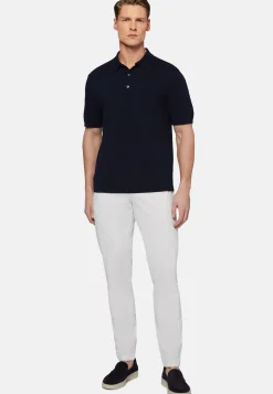 Navy Cotton Crepe Knit Polo Shirt|Boggi Milano Store