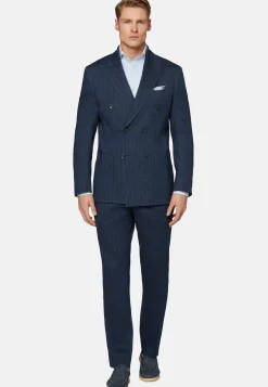 Navy Double-Breasted Suit In Cotton Linen|Boggi Milano Online