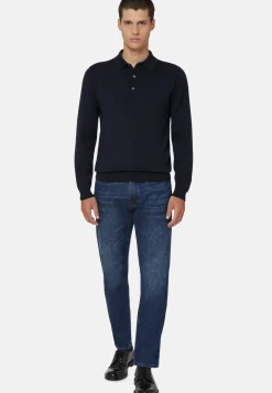 Navy Merino Wool Knitted Polo Shirt|Boggi Milano Fashion
