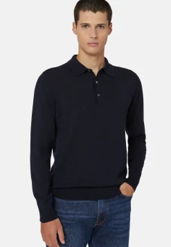 Navy Merino Wool Knitted Polo Shirt|Boggi Milano Fashion