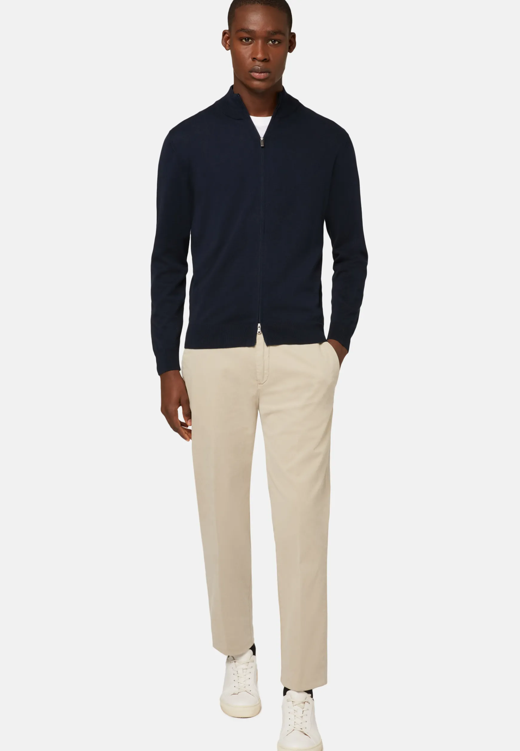 Navy Pima Cotton Full Zip Sweater|Boggi Milano Shop