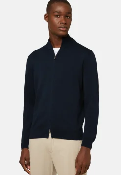 Navy Pima Cotton Full Zip Sweater|Boggi Milano Shop