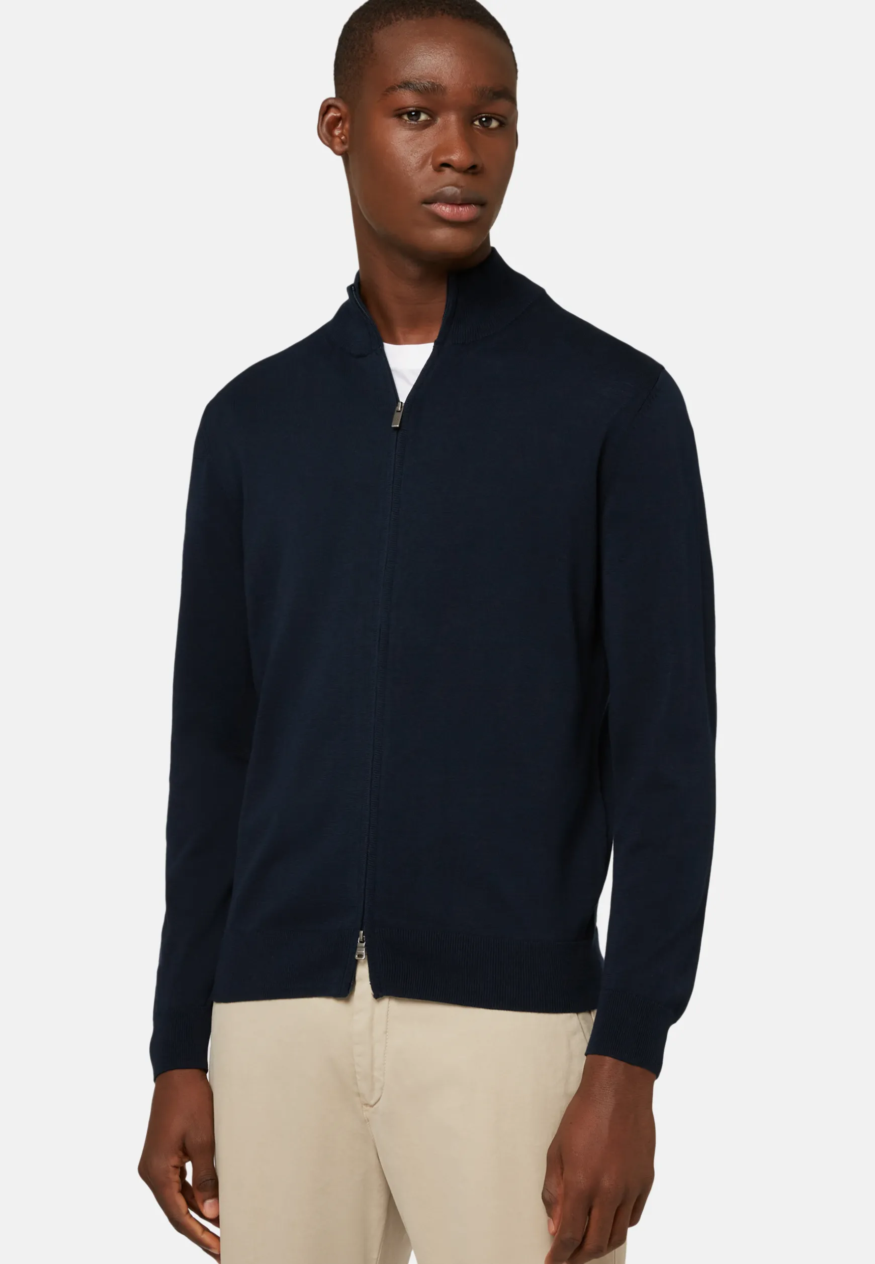 Navy Pima Cotton Full Zip Sweater|Boggi Milano Shop