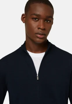 Navy Pima Cotton Full Zip Sweater|Boggi Milano Shop