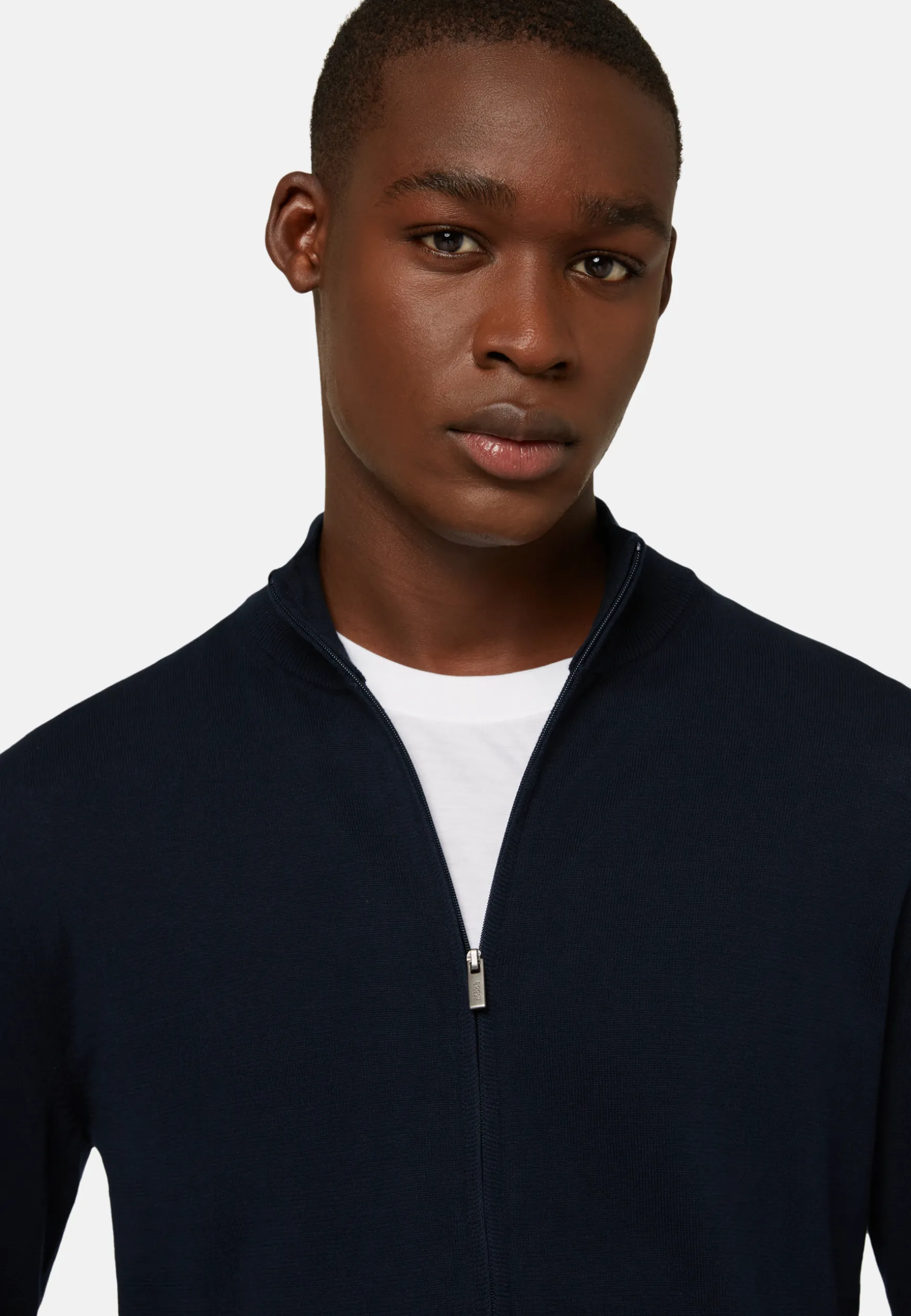 Navy Pima Cotton Full Zip Sweater|Boggi Milano Shop