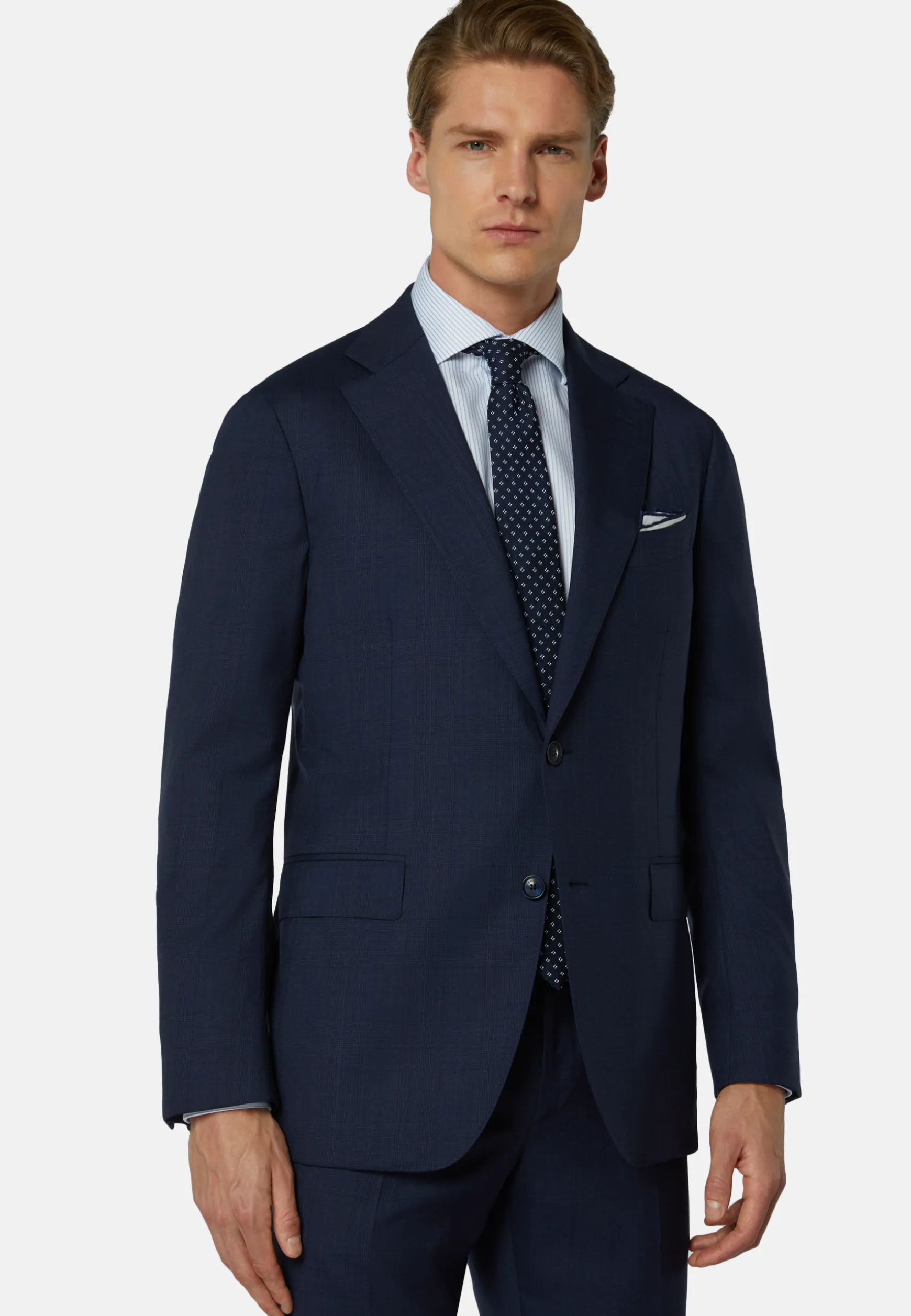 Navy Prince of Wales Check Suit in Super 130 Wool|Boggi Milano New