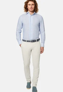 Regular Fit Sky Blue Striped Linen Shirt|Boggi Milano Sale