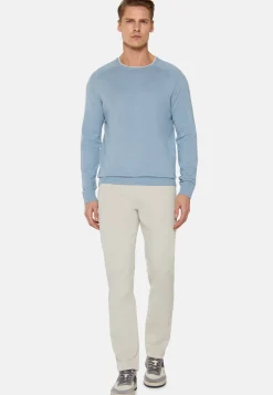 Sky Blue Crew Neck Jumper in Cotton, Silk and Cashmere|Boggi Milano Fashion