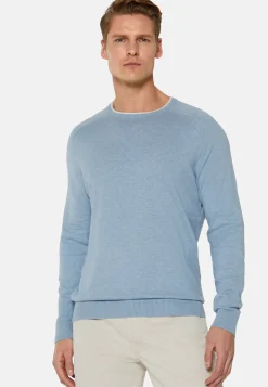 Sky Blue Crew Neck Jumper in Cotton, Silk and Cashmere|Boggi Milano Fashion