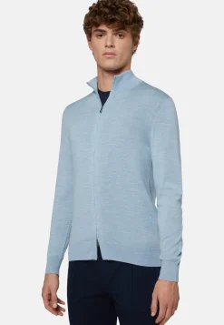 Sky Blue Full Zip Jumper In Merino Wool|Boggi Milano Best