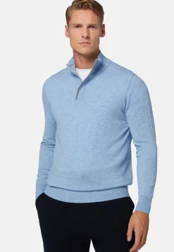 Sky Blue Half-Zip Jumper In Wool and Cashmere|Boggi Milano Sale