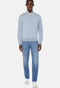 Sky Blue Merino Wool Half-Zip Jumper|Boggi Milano Fashion