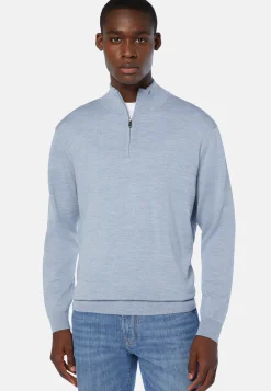 Sky Blue Merino Wool Half-Zip Jumper|Boggi Milano Fashion